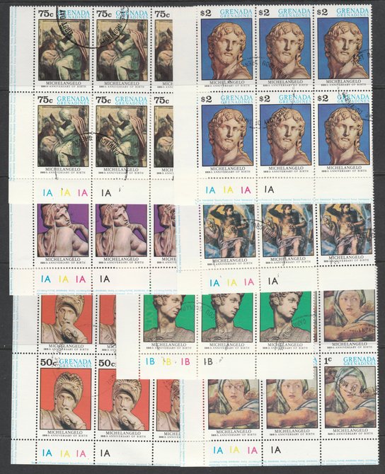 Grenada - Grenadines 1975 Michelangelo cto set of 7 each in plate block of 6 SG 68-74 , stamps on , stamps on  stamps on arts, stamps on  stamps on michelangelo, stamps on  stamps on renaissance, stamps on  stamps on judaica