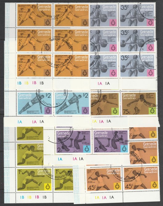 Grenada - Grenadines 1975 Pan American Games cto set of 7 each in plate block of 6 SG 103-9 , stamps on , stamps on  stamps on sport