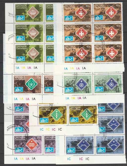 Grenada - Grenadines 1975 World Scout Jamboree cto set of 7 each in plate block of 6, SG 84-90 , stamps on , stamps on  stamps on grenada - grenadines 1975 world scout jamboree cto set of 7 each in plate block of 6, stamps on  stamps on  sg 84-90 