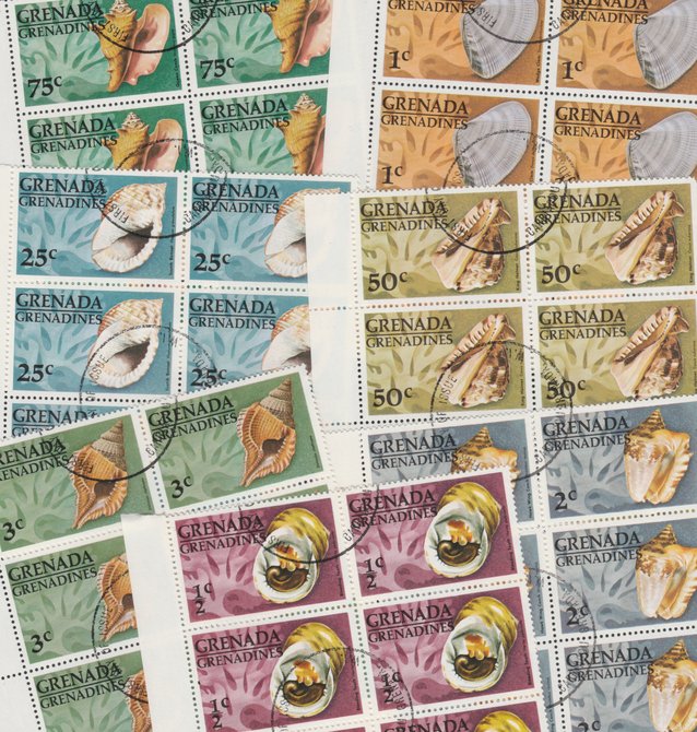 Grenada - Grenadines 1976 Shells cto set of 7 in complete (folded) sheets of 50, SG 139-45 (50 sets = 350 stamps), stamps on , stamps on  stamps on grenada - grenadines 1976 shells cto set of 7 in complete (folded) sheets of 50, stamps on  stamps on  sg 139-45 (50 sets = 350 stamps)