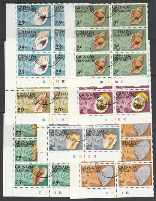 Grenada - Grenadines 1976 Shells cto set of 7 each in plate block of 6, SG 139-45 