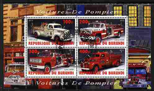 Burundi 2010 Fire Engines #1 perf sheetlet containing 4 values fine cto used, stamps on , stamps on  stamps on fire