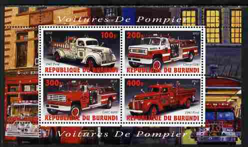 Burundi 2010 Fire Engines #1 perf sheetlet containing 4 values unmounted mint, stamps on , stamps on  stamps on fire