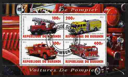 Burundi 2010 Fire Engines #2 perf sheetlet containing 4 values fine cto used, stamps on , stamps on  stamps on fire