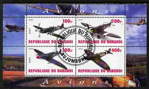 Burundi 2010 Spitfire Planes of World War II perf sheetlet containing 4 values fine cto used, stamps on , stamps on  stamps on aviation, stamps on  stamps on spitfire, stamps on  stamps on 