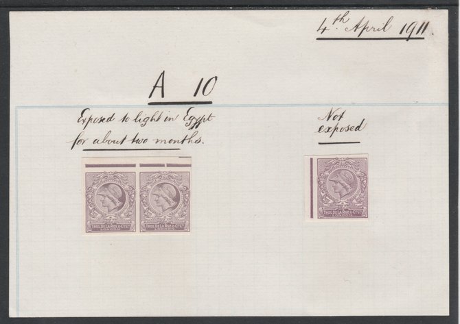 Cinderella - Great Britain 1911 De La Rue ink trial Minerva Head dummy stamp in mauve imperf pair endorsed Exposed to (sun) light in Egypt for about two months, plus impe..., stamps on 
