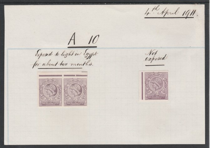 Cinderella - Great Britain 1911 De La Rue ink trial Minerva Head dummy stamp in mauve imperf pair endorsed Exposed to (sun) light in Egypt for about two months, plus imperf single endorsed Not Exposed, both mounted on part of album page from DLR archives, dated 4 April 1911 and headed A10, a rare and most interesting item almost certainly unique, stamps on , stamps on stamps on cinderella - great britain 1911 de la rue ink trial minerva head dummy stamp in mauve imperf pair endorsed exposed to (sun) light in egypt for about two months, stamps on stamps on plus imperf single endorsed not exposed, stamps on stamps on both mounted on part of album page from dlr archives, stamps on stamps on dated 4 april 1911 and headed a10, stamps on stamps on a rare and most interesting item almost certainly unique