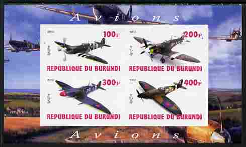 Burundi 2010 Spitfire Planes of World War II imperf sheetlet containing 4 values unmounted mint, stamps on , stamps on  stamps on aviation, stamps on  stamps on spitfire, stamps on  stamps on 