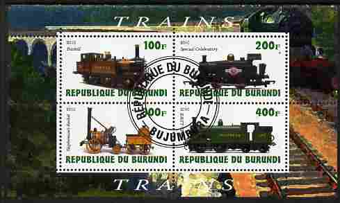 Burundi 2010 Steam Locomotives #1 perf sheetlet containing 4 values fine cto used, stamps on railways