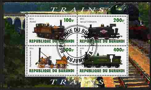 Burundi 2010 Steam Locomotives #1 perf sheetlet containing 4 values fine cto used, stamps on , stamps on  stamps on railways