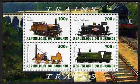 Burundi 2010 Steam Locomotives #1 perf sheetlet containing 4 values unmounted mint, stamps on railways
