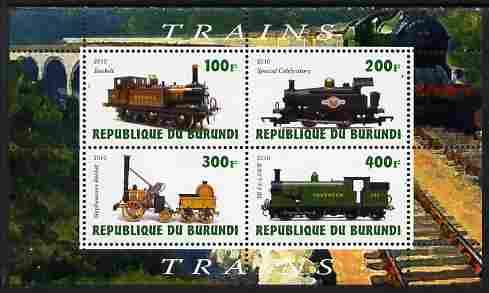 Burundi 2010 Steam Locomotives #1 perf sheetlet containing 4 values unmounted mint, stamps on , stamps on  stamps on railways