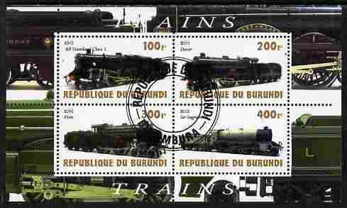 Burundi 2010 Steam Locomotives #3 perf sheetlet containing 4 values fine cto used, stamps on , stamps on  stamps on railways