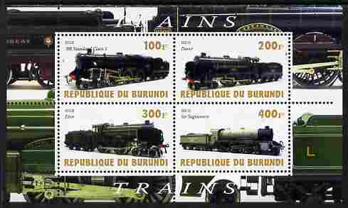 Burundi 2010 Steam Locomotives #3 perf sheetlet containing 4 values unmounted mint, stamps on , stamps on  stamps on railways
