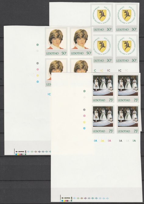 Lesotho 1981 Royal Wedding set of 3 in imperf corner blocks of 4 from UNCUT PROOF SHEETS (as SG 451-3) unmounted mint and rare, stamps on 