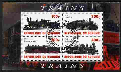 Burundi 2010 Steam Locomotives #4 perf sheetlet containing 4 values fine cto used, stamps on , stamps on  stamps on railways