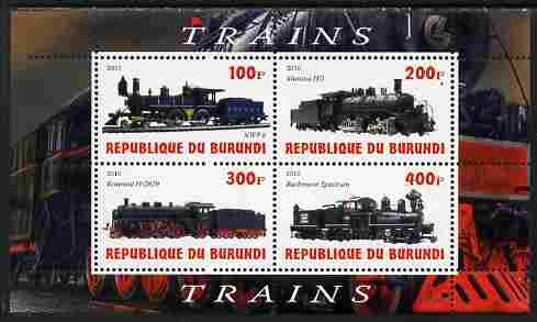 Burundi 2010 Steam Locomotives #4 perf sheetlet containing 4 values unmounted mint, stamps on , stamps on  stamps on railways