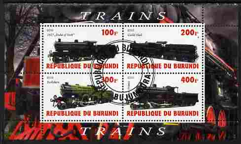 Burundi 2010 Steam Locomotives #5 perf sheetlet containing 4 values fine cto used, stamps on , stamps on  stamps on railways