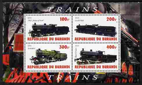 Burundi 2010 Steam Locomotives #5 perf sheetlet containing 4 values unmounted mint, stamps on railways