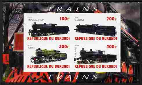 Burundi 2010 Steam Locomotives #5 imperf sheetlet containing 4 values unmounted mint, stamps on , stamps on  stamps on railways