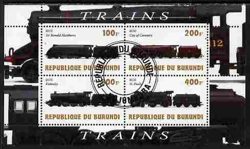 Burundi 2010 Steam Locomotives #6 perf sheetlet containing 4 values fine cto used, stamps on , stamps on  stamps on railways