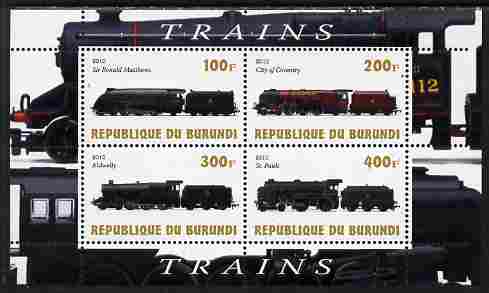 Burundi 2010 Steam Locomotives #6 perf sheetlet containing 4 values unmounted mint, stamps on , stamps on  stamps on railways