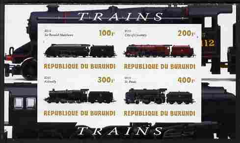 Burundi 2010 Steam Locomotives #6 imperf sheetlet containing 4 values unmounted mint, stamps on railways