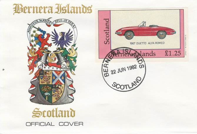 Bernera 1982 Sports Cars - 1967 Duetto Alfa Romeo imperf £1.25 on official cover with first day cancel, stamps on cars     sport    alfa romeo     mgb   morgan       mercedes    jaguar, stamps on  mg , stamps on 