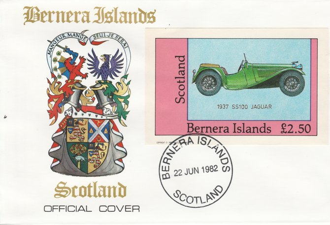 Bernera 1982 Sports Cars - 1937 SS100 Jaguar imperf £2.50 on official cover with first day cancel, stamps on cars     sport    alfa romeo     mgb   morgan       mercedes    jaguar, stamps on  mg , stamps on 