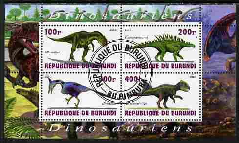 Burundi 2010 Dinosaurs #2 perf sheetlet containing 4 values fine cto used, stamps on , stamps on  stamps on dinosaurs