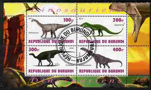 Burundi 2010 Dinosaurs #3 perf sheetlet containing 4 values fine cto used, stamps on , stamps on  stamps on dinosaurs