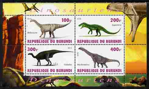 Burundi 2010 Dinosaurs #3 perf sheetlet containing 4 values unmounted mint, stamps on dinosaurs