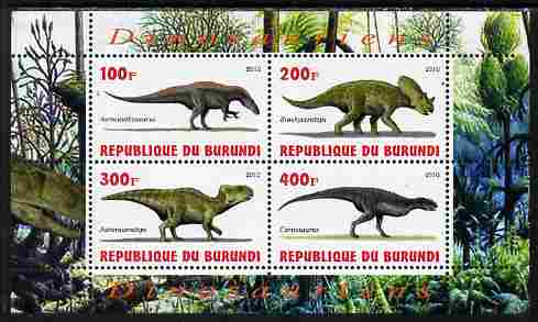 Burundi 2010 Dinosaurs #4 perf sheetlet containing 4 values unmounted mint, stamps on , stamps on  stamps on dinosaurs