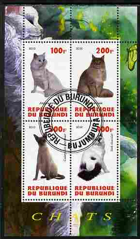 Burundi 2010 Cats #1 perf sheetlet containing 4 values fine cto used, stamps on , stamps on  stamps on cats