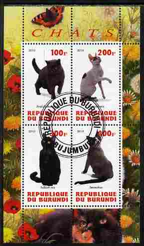 Burundi 2010 Cats #2 perf sheetlet containing 4 values fine cto used, stamps on , stamps on  stamps on cats