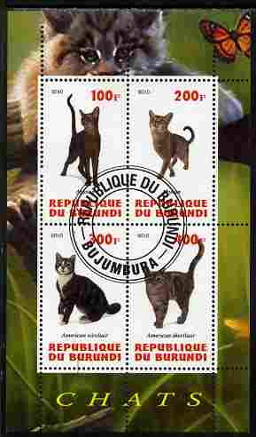 Burundi 2010 Cats #3 perf sheetlet containing 4 values fine cto used, stamps on , stamps on  stamps on cats