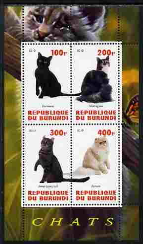 Burundi 2010 Cats #4 perf sheetlet containing 4 values unmounted mint, stamps on , stamps on  stamps on cats