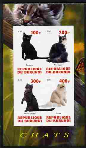 Burundi 2010 Cats #4 imperf sheetlet containing 4 values unmounted mint, stamps on , stamps on  stamps on cats