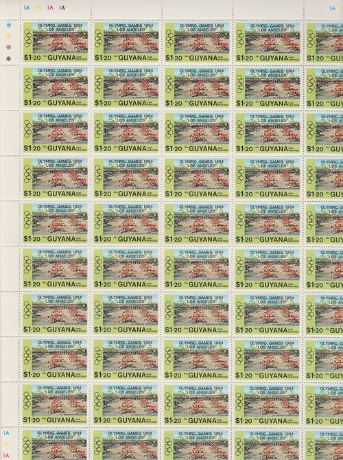 Guyana 1984 Los Angeles Olympic Games opt on $1.20 complete sheet of 50 unmounted mint folded along central perfs, SG 1420, stamps on , stamps on  stamps on sport, stamps on  stamps on olympics