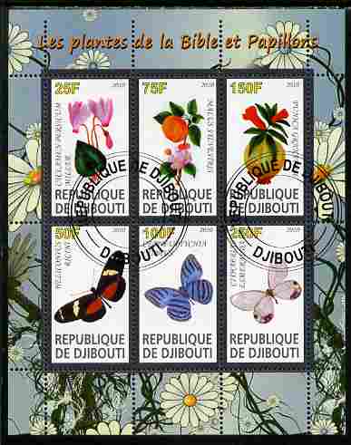 Djibouti 2010 Butterflies & Plants from the Bible #1 perf sheetlet containing 6 values fine cto used, stamps on butterflies, stamps on flowers, stamps on bible, stamps on religion