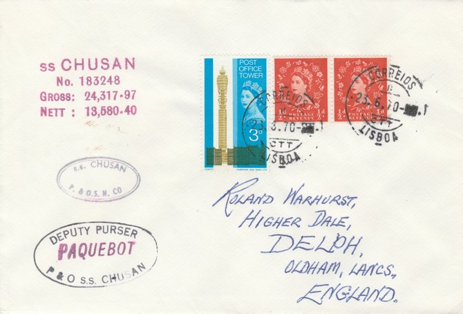 GB used in Lisbon, Portugal 1970 Paquebot cover to England carried on SS Chusan with various paquebot and ships cachets, stamps on paquebot