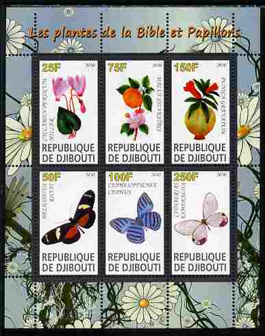 Djibouti 2010 Butterflies & Plants from the Bible #1 perf sheetlet containing 6 values unmounted mint, stamps on , stamps on  stamps on butterflies, stamps on  stamps on flowers, stamps on  stamps on bible, stamps on  stamps on religion