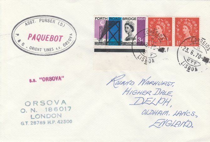 GB used in Lisbon, Portugal 1970 Paquebot cover to England carried on SS Orsova with various paquebot and ships cachets, stamps on paquebot