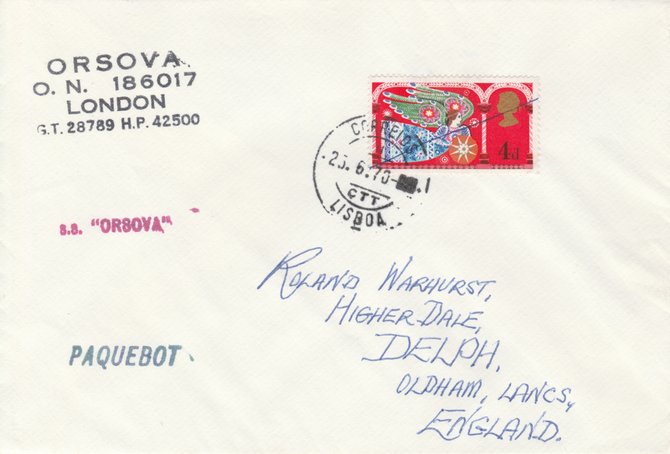 GB used in Lisbon, Portugal 1970 Paquebot cover to England carried on SS Orsova with various paquebot and ships cachets, stamps on , stamps on  stamps on paquebot