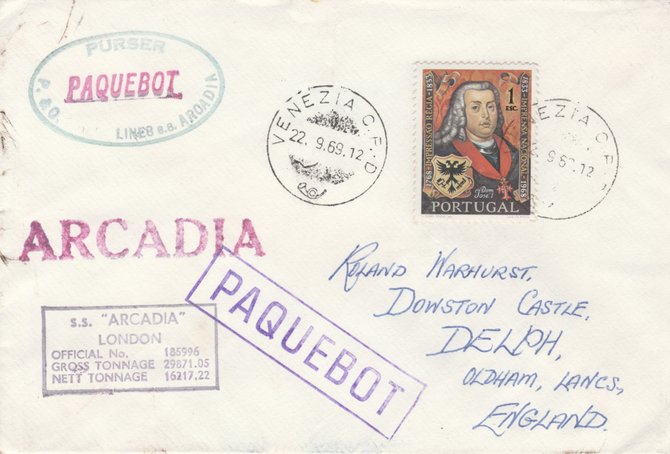Portugal used in Venice 1969 Paquebot cover to England carried on SS Arcadia with various paquebot and ships cachets, stamps on paquebot