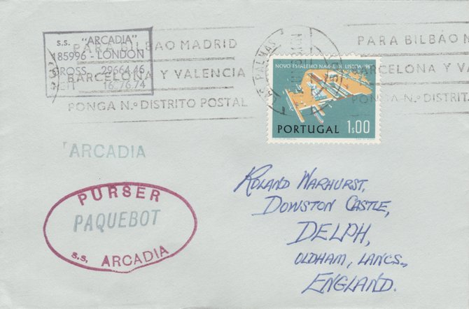 Portugal used in Las Palmas 1968 Paquebot cover to England carried on SS Arcadia with various paquebot and ships cachets, stamps on paquebot