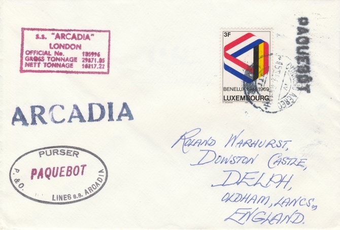 Luxembourg 1969 Paquebot cover to England carried on SS Arcadia with various paquebot and ships cachets (blurred cancel), stamps on paquebot