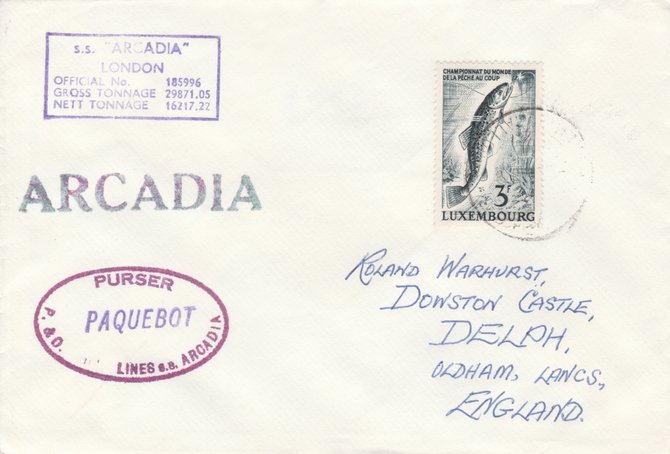Luxembourg 1969 (?) Paquebot cover to England carried on SS Arcadia with various paquebot and ships cachets (blurred cancel), stamps on paquebot