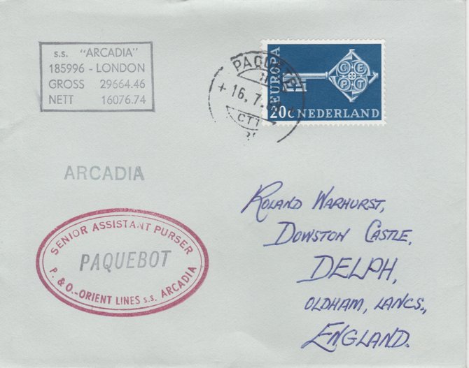 Netherlands 1970 Paquebot cover to England carried on SS Arcadia with various paquebot and ships cachets (unclear cancel), stamps on paquebot