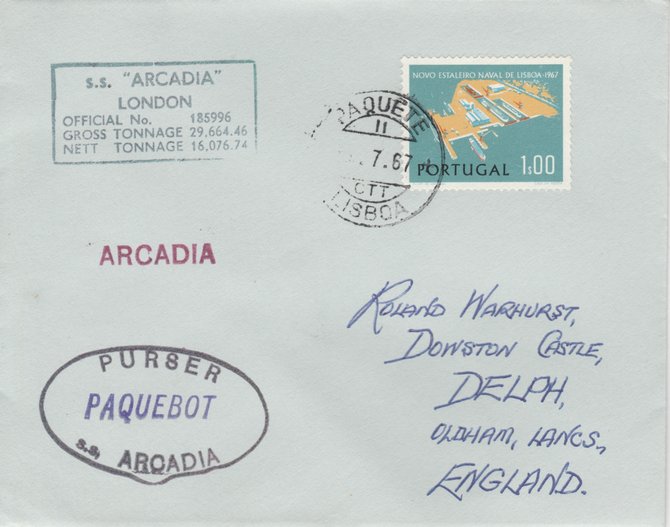 Portugal 1967 Paquebot cover to England carried on SS Arcadia with various paquebot and ships cachets , stamps on paquebot